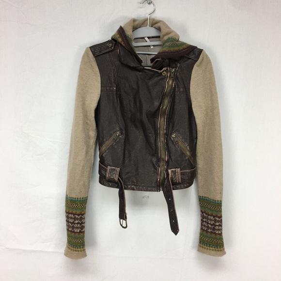 Free People Jackets & Blazers - Free People Brown/Tan Leather Knit Moto Jacket